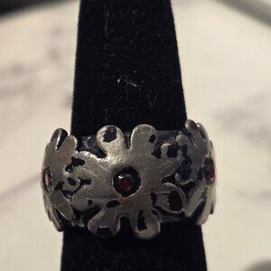 Dainty Hippy Style Pewter Floral & Garnet Ring